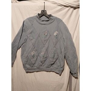 Vintage Style Unbranded Sweater Embroidery Flowers & Birds Dusty Blue Sz M